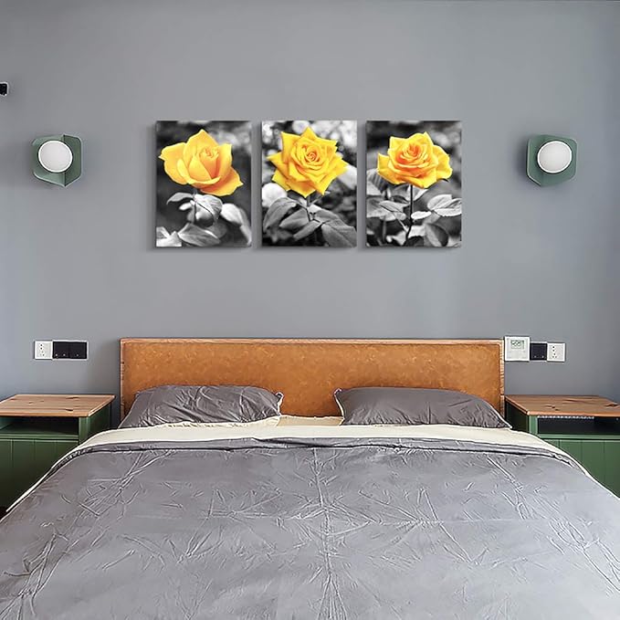 Canvas Wall Art For Bedroom Living Room Bathroom Wall Decor For Kitchen Family Pictures Artwork Black And White Yellow Rose Flowers Paintings 16" X 24" 3 Pieces Framed Modern Office Home Decorations