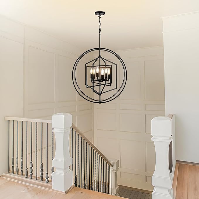 26 Inch Black Chandelier, 6-Light Farmhouse Chandelier for Entryway, Industrial Foyer Lighting Fixtures, Large Chandeliers for High Ceilings, Modern Hanging Pendant Lights for Living Room, Staircase