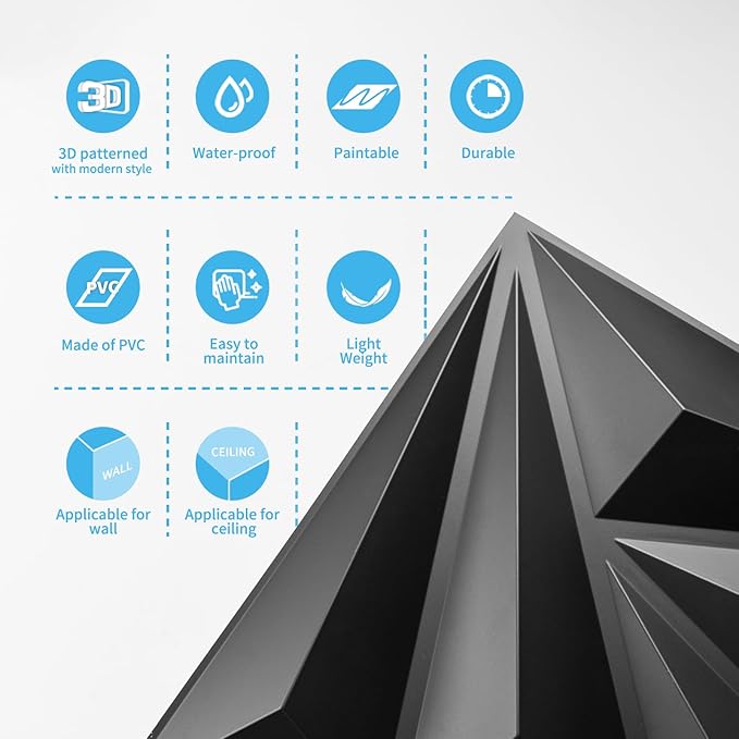 Art3d 20 Pack Decorative 3D Wall Panels 11.8 x 11.8 Inch Covering 19 Sq.ft - Glue Up PVC Wall Panels for Interior Décor, Living Room, Office and Home, Black