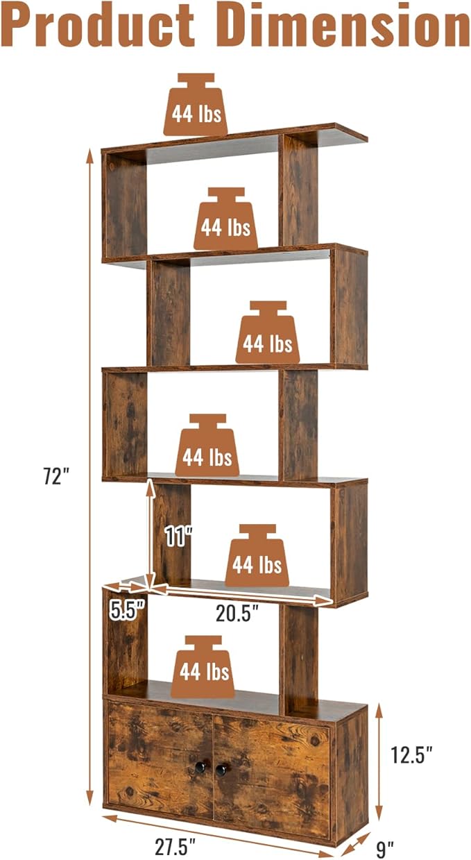 6-Tier Geometric Bookcase Set of 2, 72” Freestanding Room Divider Bookshelf with Open Display Shelves & Storage Cabinet, Wood S-Shaped Storage Organizer for Living Room, Bedroom & Home Office