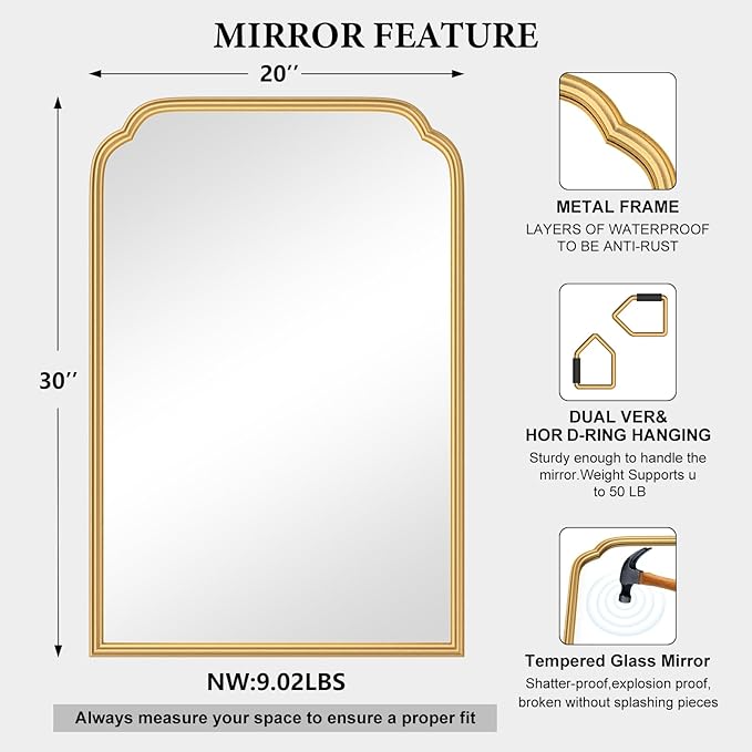20X30 Inch Gold Bathroom Mirror for Wall, Modern Rounded Corner Rectangle Mirror with Non-Rusting Iron Metal Framed Bathroom Vanity Mirror for Over Sink Wall Decor(Tempered Glass)