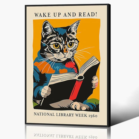 Cat and Book Poster, Wake Up and Read Inspiring Wall Art Canvas, Retro 1960 National Library Week Wall Art, Reading Art for Book Lover, Classic Gallery Wall Decor 16x24in Framed