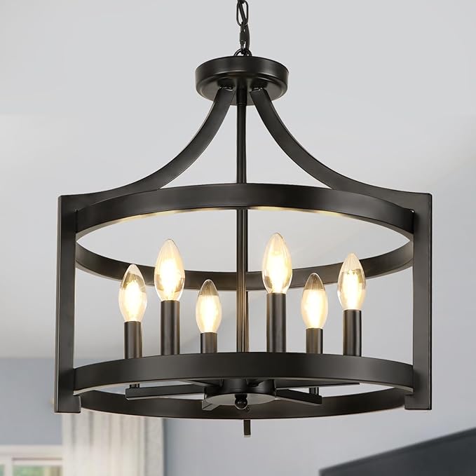 6-Light Black Chandelier, Modern Hanging Pendant Lighting, Convertible Semi Flush Mount Ceiling Light Fixture Rustic Vintage Farmhouse Chandeliers for Dining Room Kitchen Foyer Entryway