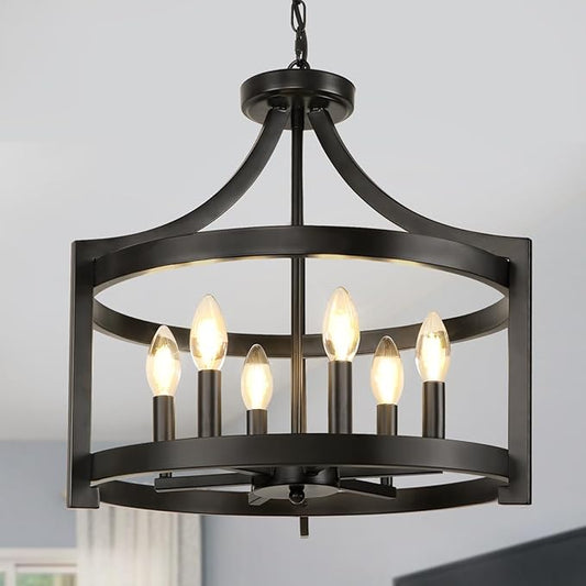 6-Light Black Chandelier, Modern Hanging Pendant Lighting, Convertible Semi Flush Mount Ceiling Light Fixture Rustic Vintage Farmhouse Chandeliers for Dining Room Kitchen Foyer Entryway