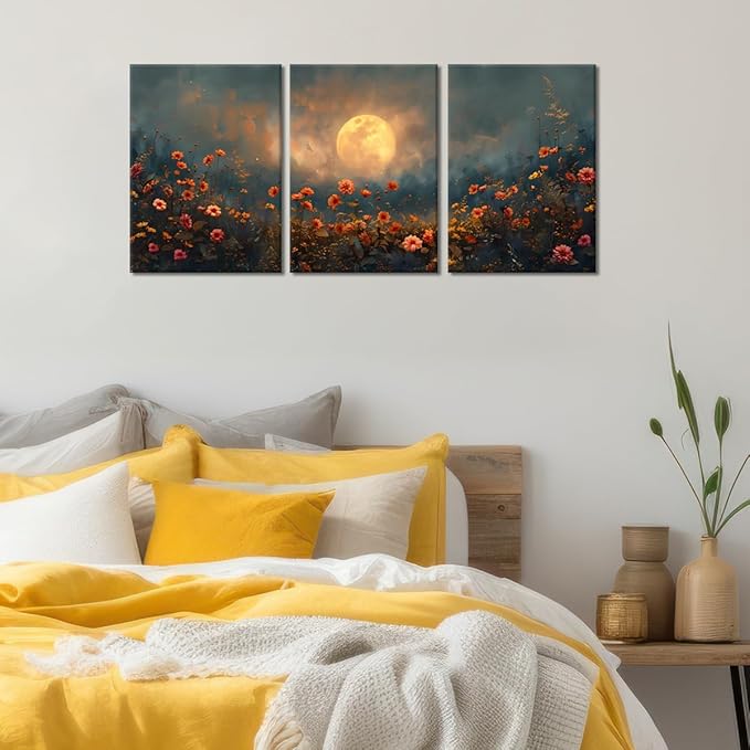 3 pcs Full Moon Floral Canvas Wall Art Moonlit Pine Tree and Wildflowers Woodland Nature Landscape Picture Wall Decor Poster Print Artwork for Bedroom Living Room Home Decoration-12 x16 x3pcs