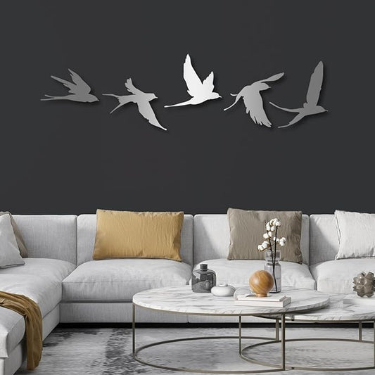 Metal Bird Wall Decor, Birds Metal Wall Decor Set of 5, Metal Birds Wall Art, Metal Birds Outdoor Decor, Bird Wall Art, Bird Art Wall Decor, Birds Sign, Metal Garden Decor (Silver, 38"x 7"| 97x20cm )