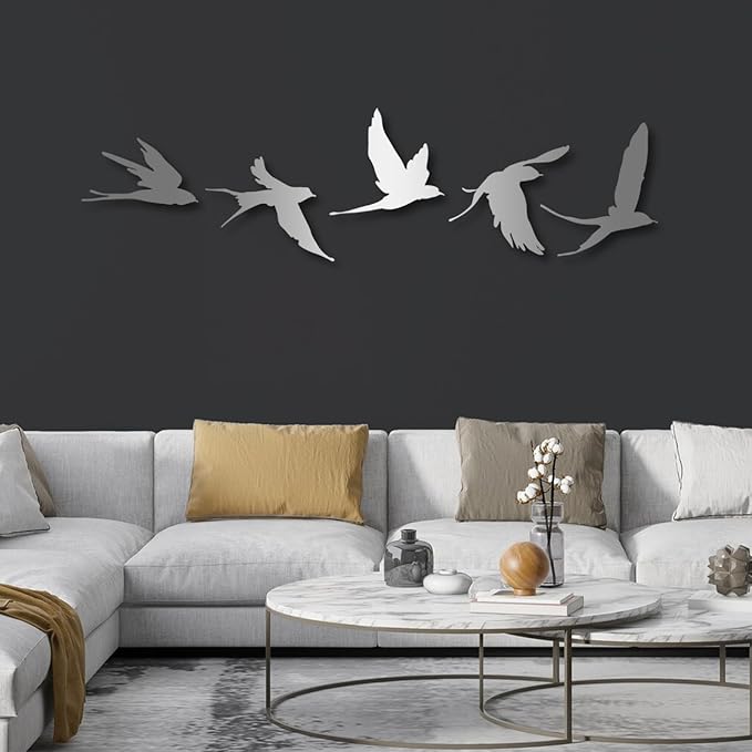Metal Bird Wall Decor, Birds Metal Wall Decor Set of 5, Metal Birds Wall Art, Metal Birds Outdoor Decor, Bird Wall Art, Bird Art Wall Decor, Birds Sign, Metal Garden Decor (Silver, 57"x 11"| 146x30cm )