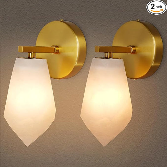 Alabaster Wall Sconces Set of Two, Spanish Marble Wall Lamp, Modern Wall Sconce for Living Room, Hardwired Wall Lighting for Bedroom, Wall Light for Bathroom Hallway Stairs, Gold