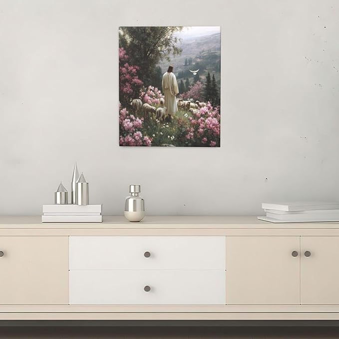 Jesus Wall Art Christian Jesus Lamb Wall Decor Religious God Canvas Painting Pictures Print Christ Decorations for Living Room Bedroom Church Framed Gifts 20”X24”