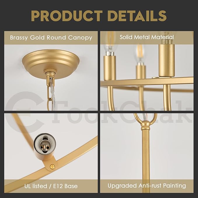 6 Light Gold Chandelier, Brushed Gold Light Fixture Dining Table Candle Brass Chandelier Lighting for Bedroom Hallway Entryway Living Room Kitchen 29in Brushed Brass Chandeliers