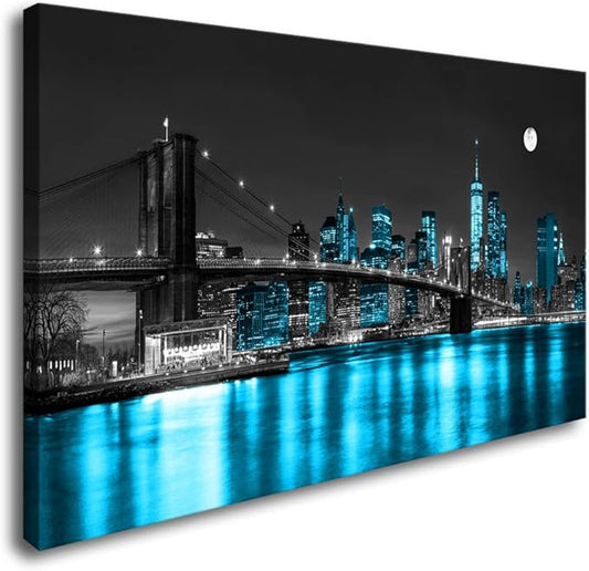 Aibonnly Wall Art Canvas Painting Black White and Blue New York Brooklyn Bridge 1 Piece Cityscape Night Building Picture Poster Print Framed for Living Room Bedroom Kitchen Office Home Decor