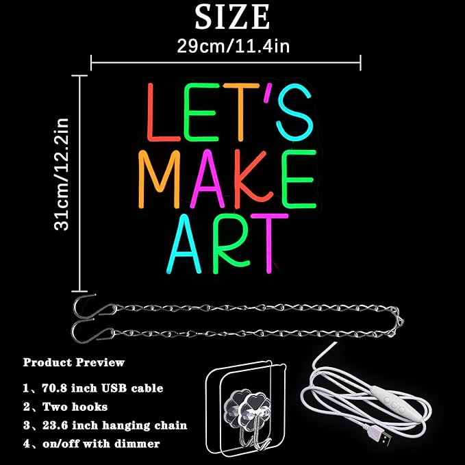 Let's Make Art Neon Sign Art Neon Light for Wall Decor Colorful Letter Led Neon Signs Classoom Led Neon Lights for Calssroom Decoration