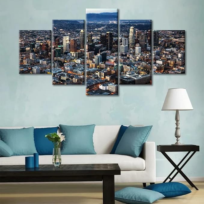Native American Home Decor Los Angeles Skyline Canvas Paintings Cityscape Pictures for Bedroom 5 Piece Black and White Wall Art Los Angeles Home Decor for Living Room Framed Ready to Hang (60"Wx32"H)