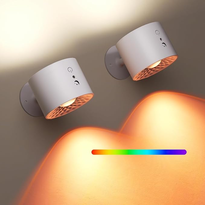 Joyzy 2 Pack Wall Light Battery Operated Rechargeable RGB Picture Lights for Wall Led Colorful Wall Lighting for Bedroom, Remote Touch Control Wall Mounted Wall Sconce Lamps Magnetic