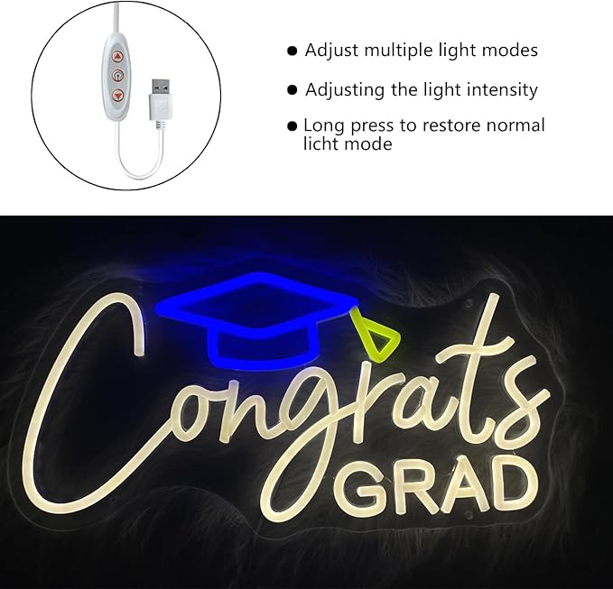 Congrats Grad Neon Sign with Graduation Cap, Warm White Grad Light Up Sign for Wall Decor, Adjustable Congrats Led Sign for Class of Party Room Dorm Backdrop Celebration Gifts