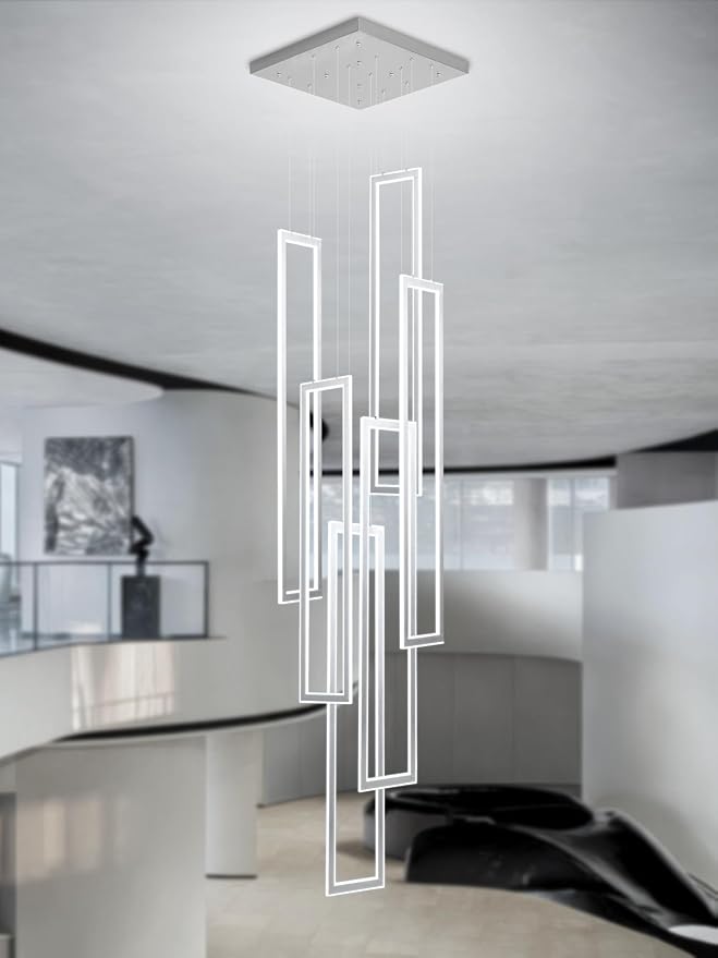 6-Rings Modern Chandelier,H138 Rectangle Chandeliers for Staircase,LED Dimmable High Ceiling Chandeliers Large Contemporary Chandelier for Villa Foyer Chrome