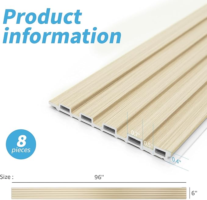 Art3d 8 Pack 96" x 6" WPC Slat Wall Panels, 3D Fluted Panel for Interior Wall Decor, TV Background, Bedroom, Living Room - Oak