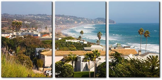 Pacimo Canvas Wall Art for Living Room - Malibu Cityscape Pictures Painting Prints California City Skyline Modern Artwork for Home Office Wall Decor Stretch Framed Ready to Hang - 16"x24"x3 Panels