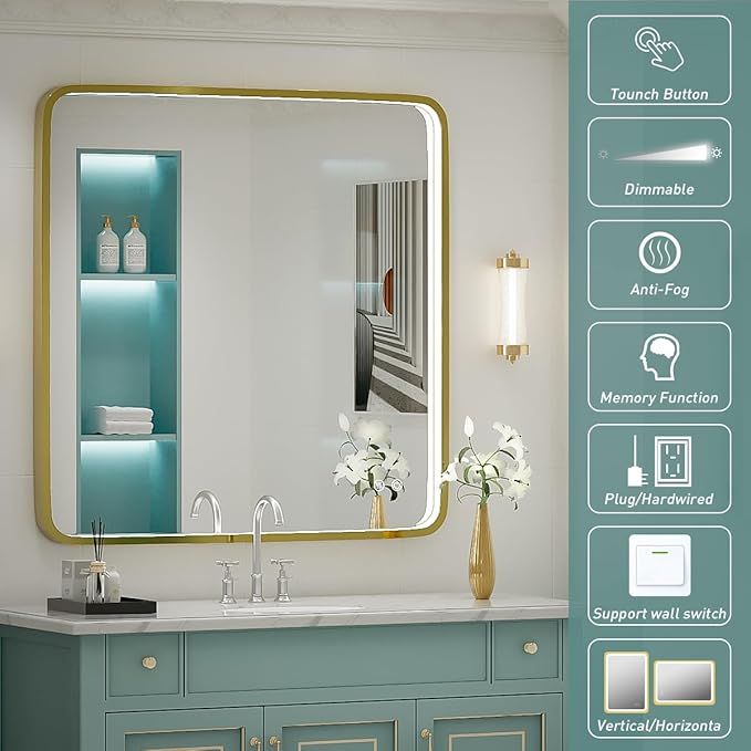 36X36 Inch LED Bathroom Mirrors,Gold Framed Dimmable Lighted Mirror for Wall, Bathroom Vanity Mirror with Lights, Anti Fog Design&6000K&Touch Switch
