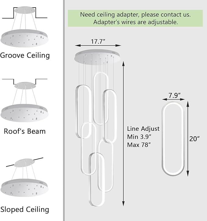 6 Rings Modern Chandelier LED Dimmable Pendant Lighting High Ceiling Chandelier for Entrance Foyer Lobby Living Room Staircaes Sliver 78.7''