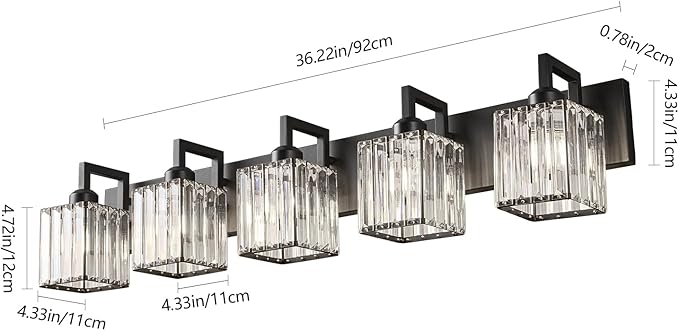 Black Bathroom Light Fixture, 5-Light Crystal Vanity Lighting, Bathroom Lighting Fixtures Over Mirror, Modern Crystal Wall Lamp