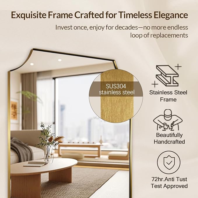 Brushed Brass Bathroom Mirror, 22x30 Inch Notched Corner Scalloped Rectangle Gold Bathroom Wall Mirror, in Anti-Rust Stainless Steel Metal Frame Hang Vertical/Horizontal for Home Decor