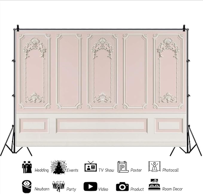 Leyiyi 10x7ft Pink White Vintage Room Inside Backdrop European Frame Modern House French Castle Cementery Wall Retro Style Photo Background Cowboy Kids Birthday Portrait Studio Props Vinyl Wallpaper