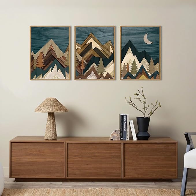 BINCUE Boho Mountain Wall Art Framed Landscape Wall Decor Modern Nature Artwork for Bedroom Living Room Office 12" Lx16 W Set of 3