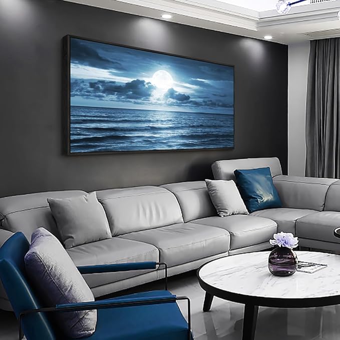 Black Framed Wall Art For Living Room Decorations Photo Prints - Blue Sea View The Moon Landscape - Modern Home Decor The Room Stretched And Framed Ready To Hang Artwork (Blue Ocean&Moon, 24x 48inch)