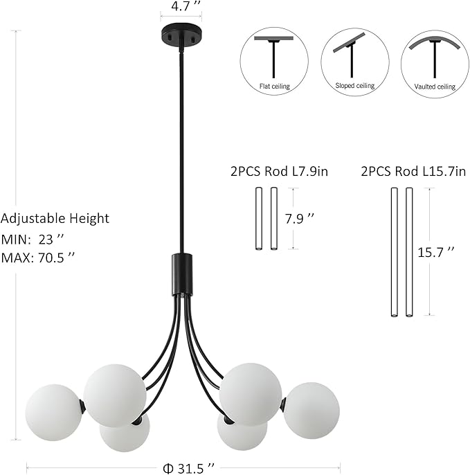 6-Light Modern Farmhouse Black Chandelier, Mid Century Dining Room Light Fixtures Over Table, Hanging Sputnik Chandelier for Kitchen Island Living Room Bedroom Office, Milk White Globe Glass Shade