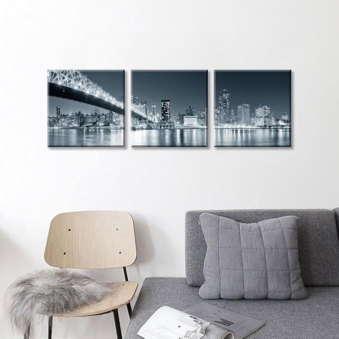 New York City Skyline Panoramic Canvas Art Black and White Brooklyn Bridge Night Scene 3 Panel Modern Urban Landscape Wall Decor Skyscrapers Reflection Print Living Room Office Bedroom Home Decoration