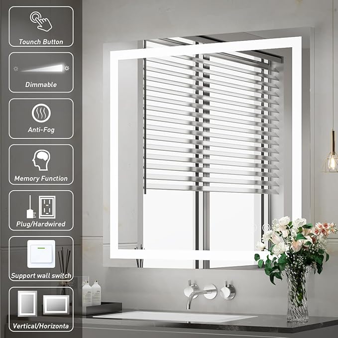 36X36 Inch LED Bathroom Mirror,Vanity Wall Mounted Anti-Fog Mirror,Dimmable Lighted Bathroom Mirror with Lights,Smart Touch Button+Memory Function+CRI90+High Lumen