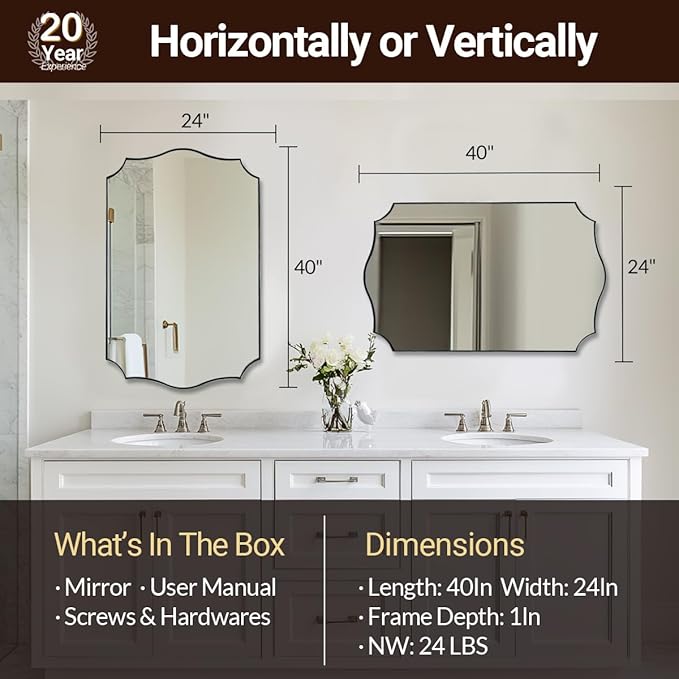 ANDY STAR 24x40 Inch Brushed Nickel Mirror, Unique Rectangle Bathroom Mirror, Large Decorative Mirror in Rust-Proof Stainless Steel 1" Frame, Modern Wavy Frame Design, Vertically/Horizontally