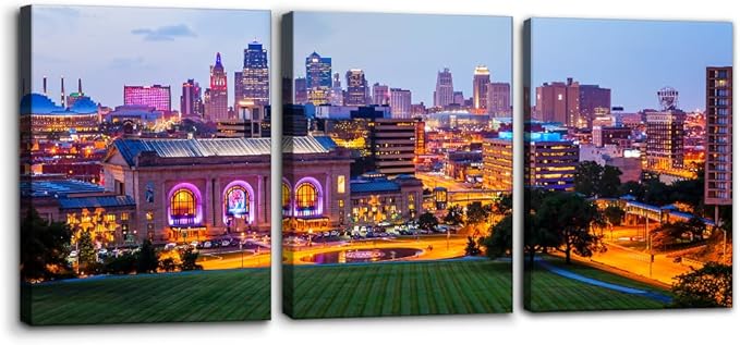 Pacimo Canvas Wall Art Union Station City Landscape Pictures Paintings Kansas Cityscape Modern Artwork Prints on Canvas Wall Decor for Living Room Bedroom Framed Ready to Hang - 12"x16"x3 Panels