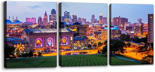 Pacimo Canvas Wall Art Union Station City Landscape Pictures Paintings Kansas Cityscape Modern Artwork Prints on Canvas Wall Decor for Living Room Bedroom Framed Ready to Hang - 12"x16"x3 Panels