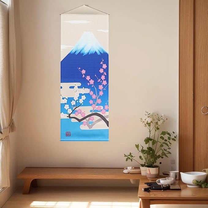 Japanese Tapestry Wall Art Scroll Feng Shui & Lucky Symbols | W15.7xH47.2", Extra Long Vertical Hanging Decor for Bedroom, Living Room, Office Zen Design Mount Fuji and cherry blossoms CTT-15