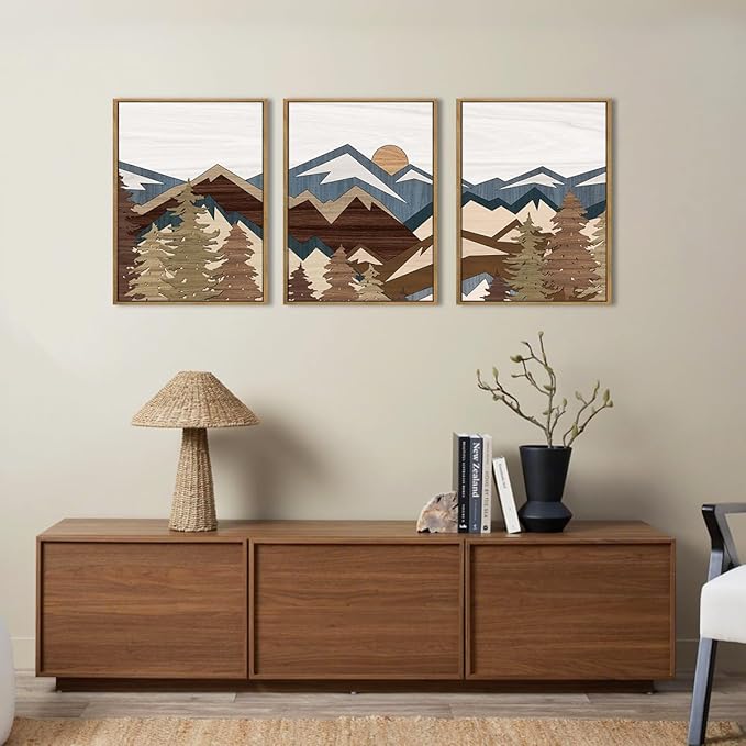 BINCUE Framed Mountain Wall Art Boho Landscape Wall Decor Mountain Artwork for Office Living Room Bedroom 12" Lx16 W Set of 3