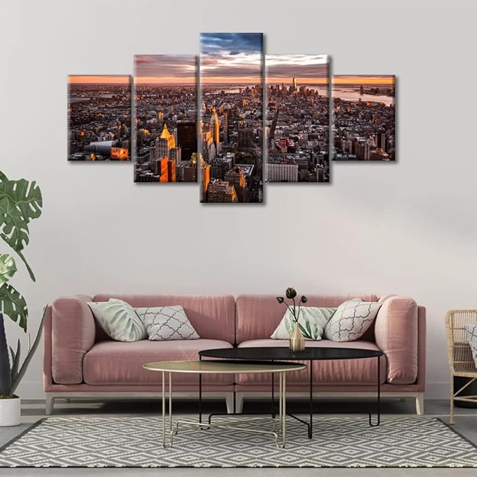 American Cityscape Home Decor Manhattan Skyline Wall Art Posters and Prints Bedroom 5 Pieces City Sunset Panorama Pictures Wall Decor Living Room Giclee Print Gallery Packaging Artwork (60"Wx32"H)