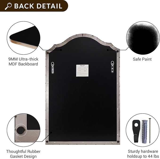 ANDY STAR Scalloped Arched Mirror, 24x36 Inch Brushed Nickel Mantle Mirror with Stainless Steel Metal Frame, Modern Silver Wall Mirrors for Bathroom, Living Room, Entryway, Wall Mounted Vertically