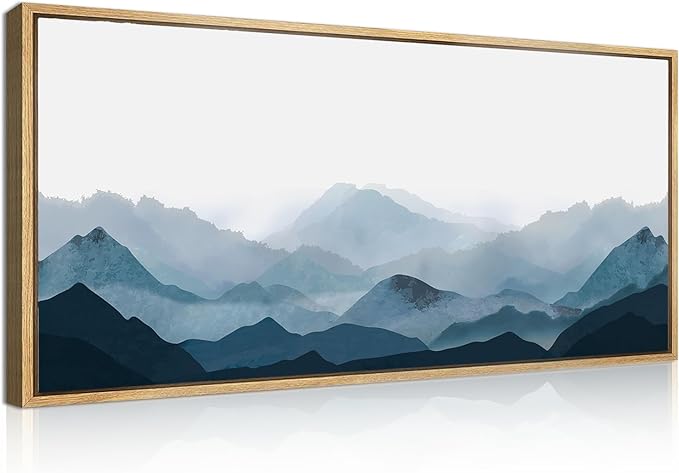 BINCUE Blue Framed Mountain Landscape Wall Art Fog Mountain Painting Wall Decor for Bedroom Living Room Office Decor 40" Lx20 W