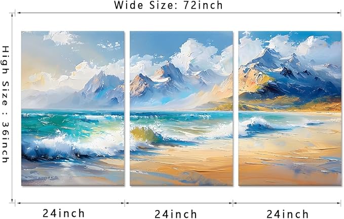 MAMAGO Large Modern Beach Wall Art 3 Pieces Blue Sea Canvas Print Poster Abstract Coastal Ocean Waves Painting for Bedroom Office Framed Wall Decor Ready to Hang-24”x36”x3pcs
