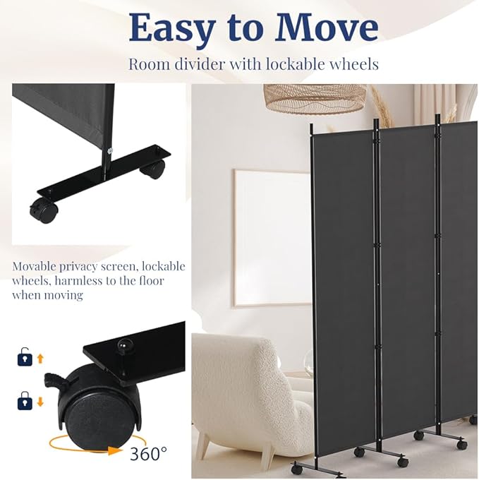 Kokorona 6 Panel Room Divider, 6FT Tall Rolling Privacy Screen with Lockable Wheels, Folding Wall Dividers Portable Room Divider for Room Separation, Included - Cover Strips, Grey, 119''W x 70''H