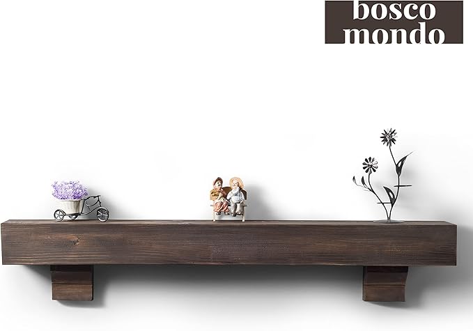 BoscoMondo Rustic Fireplace Mantel Shelf with Corbels- Pine Wood - Wall Decor, Mounted Farmhouse Shelving (66", Dark Brown)