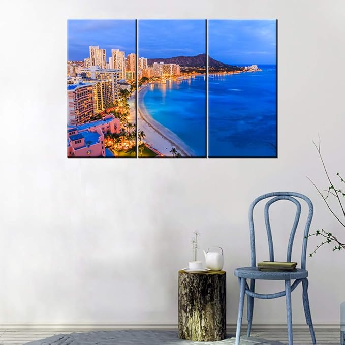3 Pieces Skyline of Honolulu Canvas Print Wall Art Painting Sunrise from Diamond Head volcano Hawaii Landscape Picture Modern Giclee Stretched Framed Artwork Living Room - 24'' x 12'' x 3 Panels