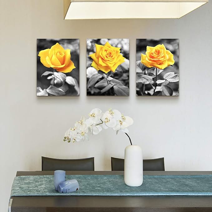 Canvas Wall Art For Bedroom Living Room Bathroom Wall Decor For Kitchen Wall Pictures Artwork Black And White Yellow Rose Flowers Paintings 12" X 16" 3 Pieces Framed Modern Office Home Decorations