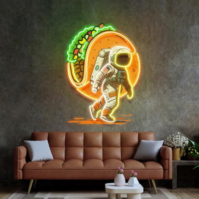 Astronaut Carrying Tacos Neon Sign,BusinessTacos LED Light,taco shop Décor Light Size:20 inch