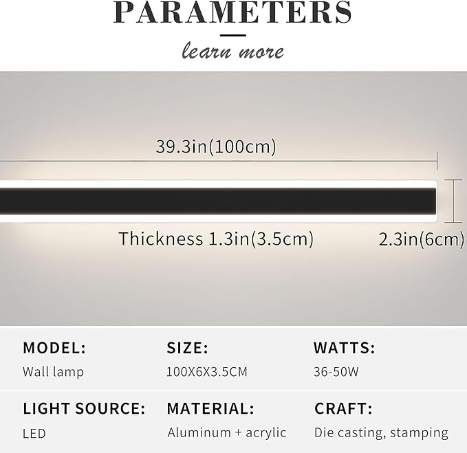 Mikeru Modern Wall Light, Dimmable Outdoor Sconce 39" Black Exterior Light with Remote Control, IP65 Waterproof, Anti-Rust Linear Long Porch Light