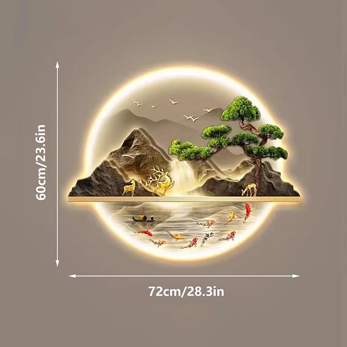 Wall Art Decor, 3D Wall Sculptures Painting Hanging Wall Art With Led Light, Decorative Wall Mounted Lamp, Oriental Decor Traditional Chinese Wall Hanging Painting，Home Entrance corridor, 72*60cm