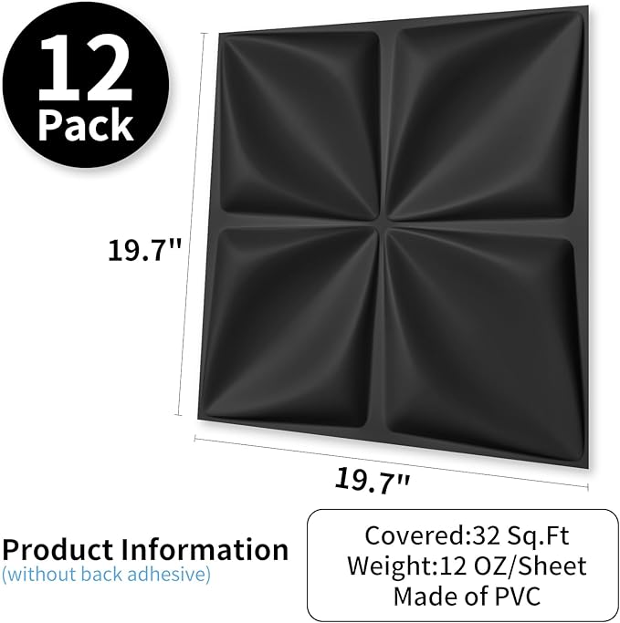 Art3d Decorative 3D Wall Panel, 32 Sq.FT PVC Interior Wall Decor for Living Room, Bedroom, Lobby, Office, Shopping Mall, Black