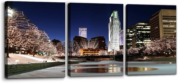Pacimo Canvas Wall Art Decor Omaha Cityscape Modern Artwork for Wall Painting City Skyline Night View Pictures Gallery Wrapped Posters and Prints Stretch and Framed Ready to Hang - 12"x16"x3 Panels